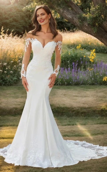 Illusion Neck Short Sleeves Tulle Wedding Dress High Split