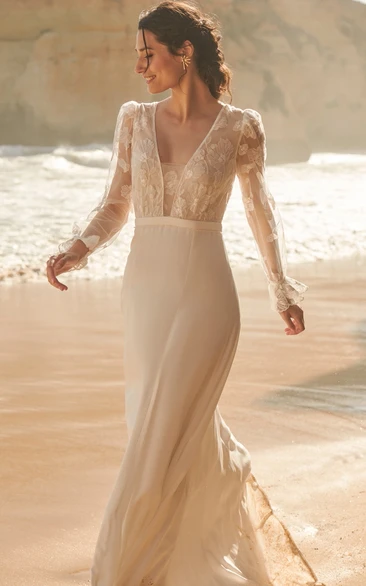 Elegant A-Line Wedding Dresses Deep V Neck Long Sleeves Bridals Party Gowns with Train Brides Evening Dresses for Women main image 0