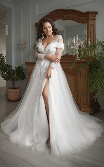 chinese dress ladies Elegant A-Line Wedding Dress with Sheer Lace Sleeves