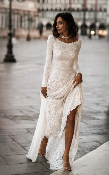 chinese dress ladies Scoop Neck A-Line Long Sleeves Sweep Train Pleated Satin Wedding Dress –  WhenGirl