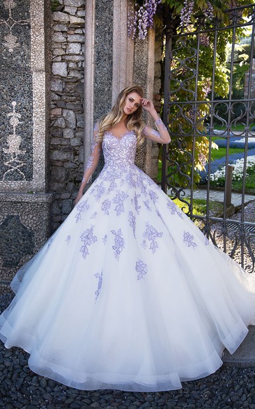 Lilac Purple Color V Neck Long Sleeve Appliques A Line Wedding Dress with Illusion Back Ellen Bridals