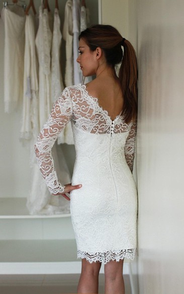 Pencil High Neck Half Sleeve Knee-length Lace Wedding Dress with Illusion  and Buttons (7000036) | Ellen Bridals
