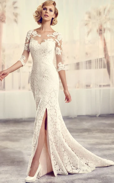 Ball Gown Bateau 3/4 Sleeve Court Lace Tulle Wedding Dress, Beaded Waistband