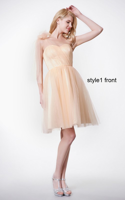 short convertible bridesmaid dress Knee-Length Bowed Short Sleeve Off-The-Shoulder Chiffon Muti-Color Convertible Bridesmaid Dress
