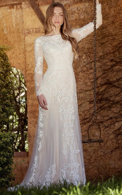 long sleeve wedding dresses for older brides Long Sleeve Sleeve Lace A-Line Older Brides Wedding Dress with V Back