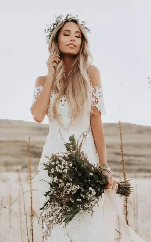 tea length boho wedding dress Tea Length Boho Wedding Dress with Square Neckline, Flutter Sleeves & Side Slit Lace Trim Skirt