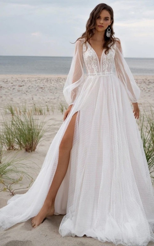 v neck wedding dress with bell sleeves A-Line Court Train Lace Sequined Tulle CW2784 Bell sleeve wedding dresses |Ellen