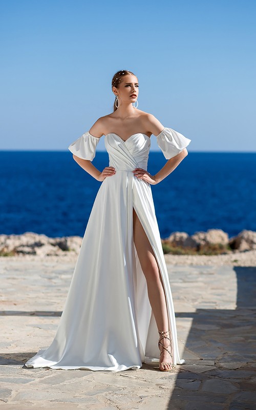 bell line wedding dress A-Line Court Train Off The Shoulder Chiffon Lace Bridal Wedding Dress Bell Sleeve COCOMELODY CW2223, 35 Days / Ivory / US6-UK8-EUR36