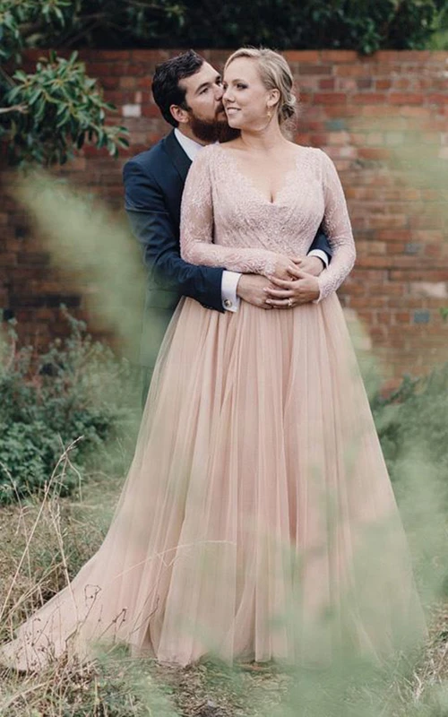 plus size long sleeve lace wedding dresses Sparkly Plus Size Pearls Wedding Dresses Lace Long Sleeves Neckline Sweep