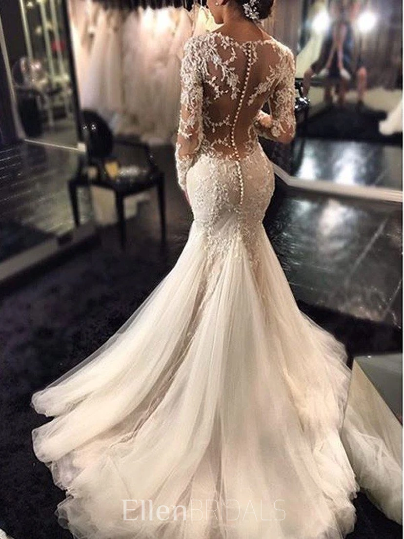 trumpet mermaid v neck court train tulle lace wedding dress Mermaid/Trumpet V-neck Long Sleeve Court Train Lace/Tulle Wedding Dress  with Illusion Back and Bustle Style (7001959)
