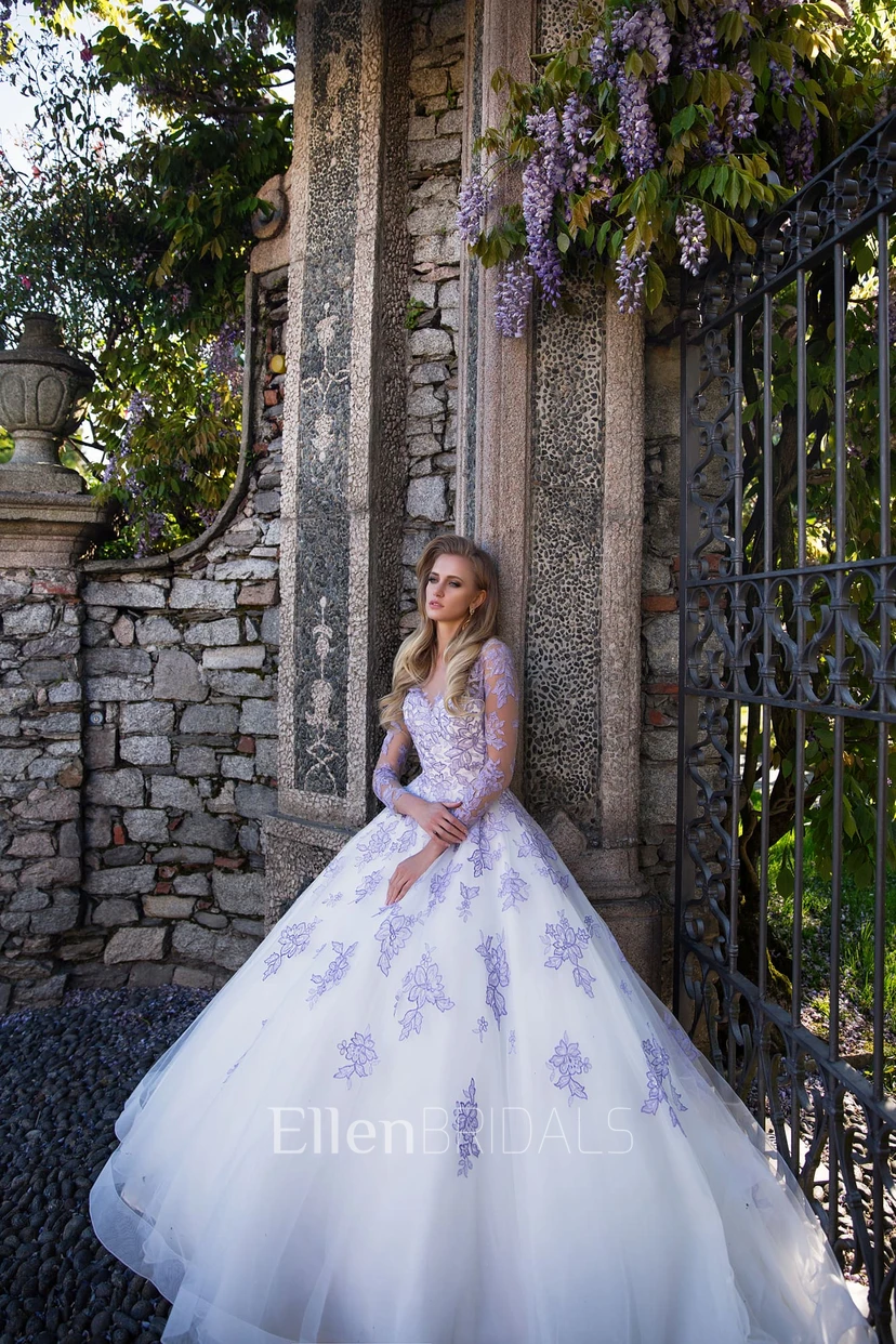 purple color wedding dress Lilac Purple Color V Neck Long Sleeve Appliques A Line Wedding Dress with  Illusion Back (7003397)