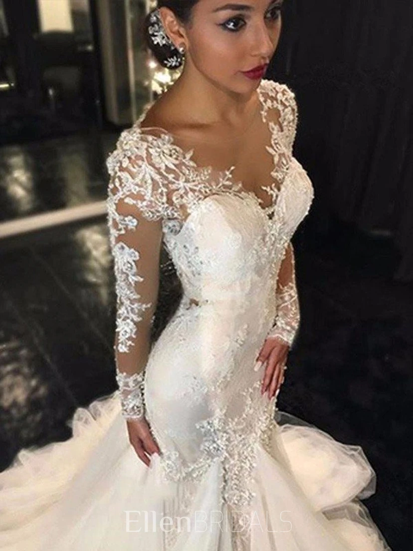 trumpet/mermaid v-neck court train tulle lace wedding dress Wedding Dress Ivory 2026 Trumpet Tulle Court Train Sweetheart