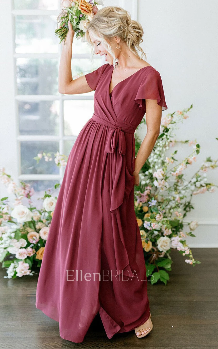 A-Line V-neck Style Cap-Sleeve Floor-length Chiffon Bridesmaid