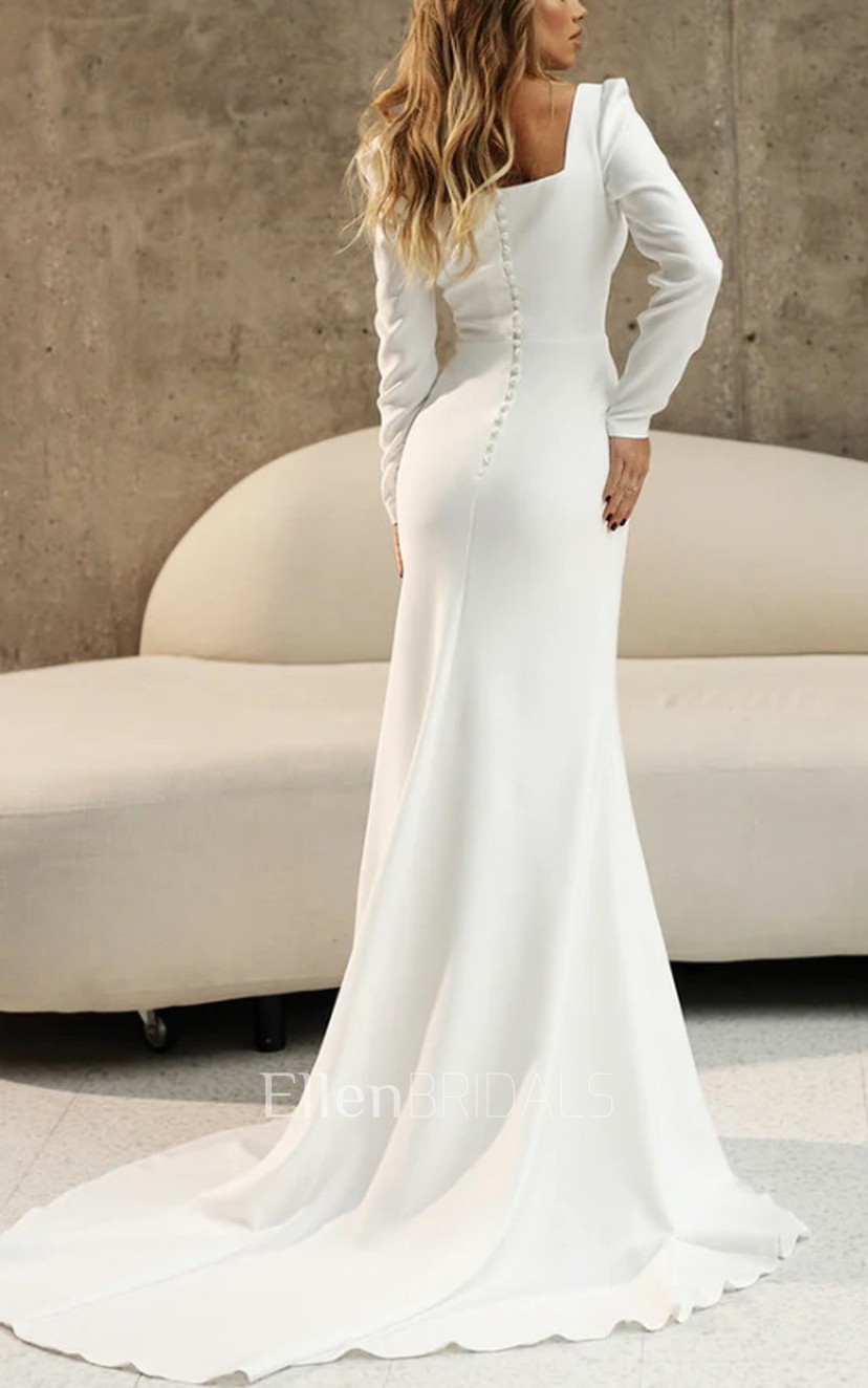 Square Neck Long Sleeves Trumpet Style Buttons Wedding