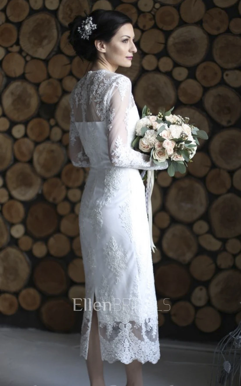 Sheath Jewel Long Sleeve Ankle-length Lace Wedding Dress with Illusion and  Split Back (7000143) | Ellen Bridals