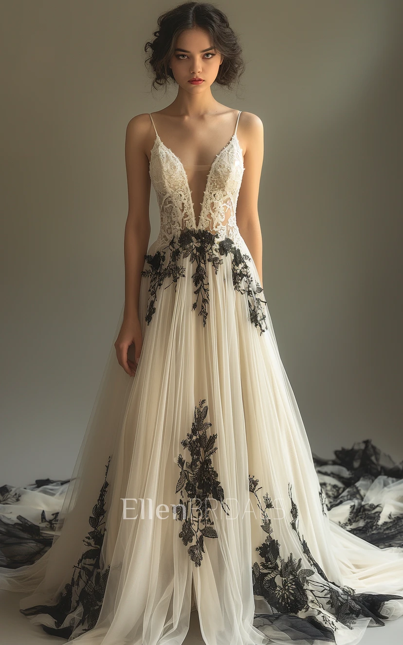 Spaghetti Straps Gothic Black Appliques Plunging Neck Ruching Wedding Dress  with Lace top (7003481) | Ellen Bridals